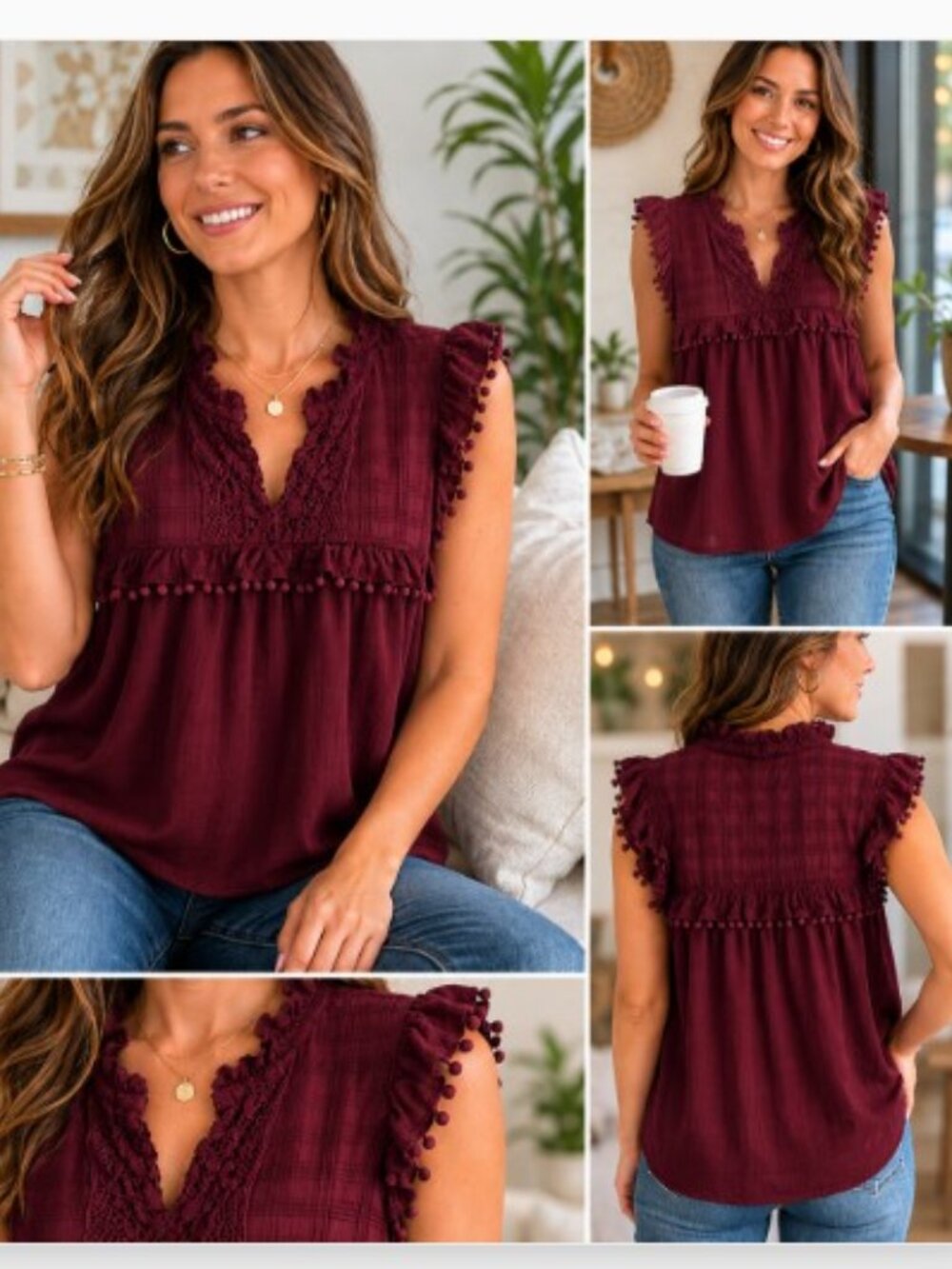 LOFT Wine-Red Crochet Lace Ruffle Sleeveless Top, Size Large *EPOC